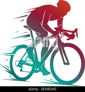 Dynamic road cyclist silhouette featuring a vibrant red to teal color gradient, riding a racing bicycle at high speed isolated on a white background. Stock Vector