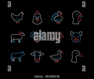 Collection of 12 minimalistic flat on dark background icons representing essential farm animals chicken, turkey, ram, pig, cow, and duck. Ideal for ag Stock Vector