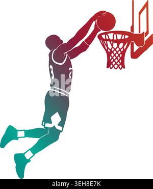 Dynamic basketball player silhouette soaring through the air to slam dunk a ball, featuring a vibrant red to teal color gradient on white background Stock Vector