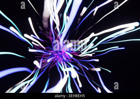 Abstract 3D illustration of a glowing energy core exploding with neon blue, purple, and white fiber optic light trails. Futuristic concept of data flo Stock Photo