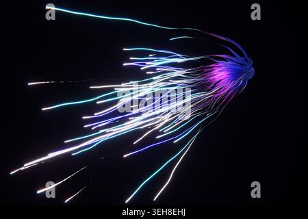 Futuristic 3D illustration of a bioluminescent jellyfish-like creature swimming in total darkness. Elegant neon blue, purple, and white light trails s Stock Photo