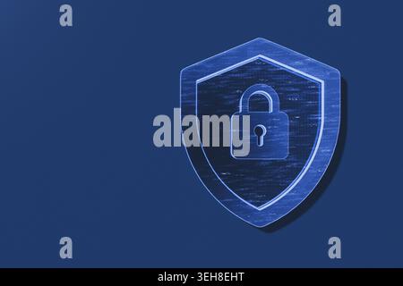 Blue glowing digital shield with a padlock icon on a dark blue background. Abstract 3D illustration symbolizing cybersecurity, data protection, privac Stock Photo