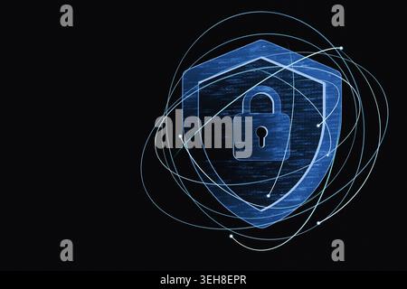 Blue digital shield with a padlock icon, surrounded by glowing network orbital lines on a black background. Futuristic 3D illustration for cybersecuri Stock Photo