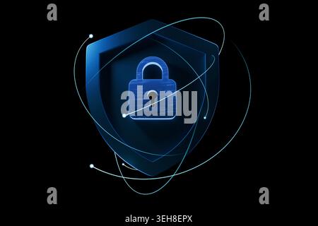 Blue shield with a glowing padlock icon on a black background, surrounded by dynamic light orbital lines. Abstract concept of cybersecurity, data priv Stock Photo