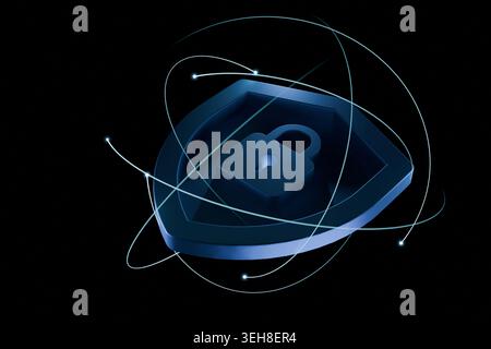 Isometric blue security shield with a padlock icon on a black background, encircled by glowing light trails. Concept of cyber defense, database protec Stock Photo