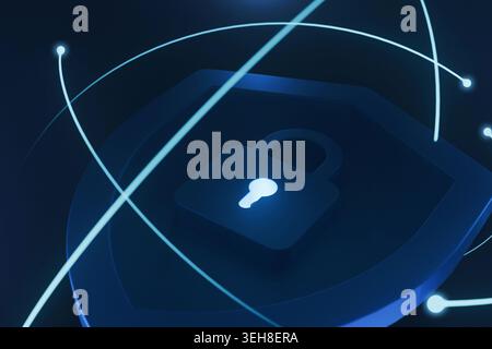 Close-up of a blue security shield featuring a glowing lock icon, intersected by bright digital light trails. Abstract visualization of cybersecurity, Stock Photo