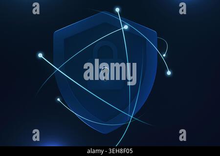 Dark blue digital shield with a padlock icon icon centered, surrounded by crossing neon light trails. Conceptual illustration of cloud security, netwo Stock Photo