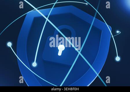close-up of a blue security shield with a glowing lock icon, overlaid with dynamic neon light trails and nodes. Abstract concept of cybersecurity netw Stock Photo