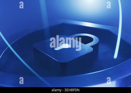 Macro shot of a blue security padlock icon glowing inside a digital shield structure, framed by faint neon streaks. Concept of close-up data encryptio Stock Photo