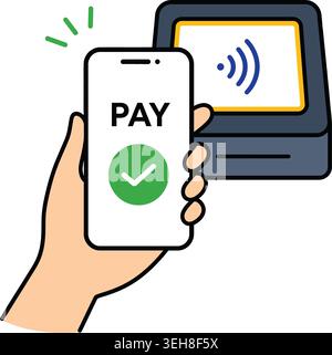 Vector Illustration of Hand Holding Smartphone for Contactless NFC Mobile Payment Stock Vector