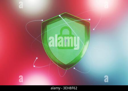 A glowing green shield icon with a padlock emblem, surrounded by orbital light streaks, symbolizing network security, digital data defense, and privac Stock Photo