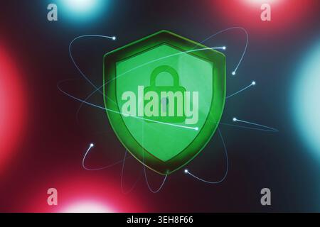 Green shield with a padlock icon floating amid glowing digital data orbits on a dark background with red and blue neon lights. Concepts of cybersecuri Stock Photo