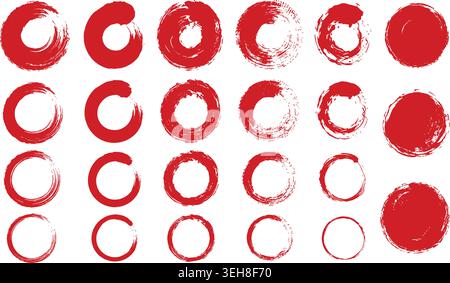 Red Brush Stroke Circles and Enso Elements Vector Set Stock Vector