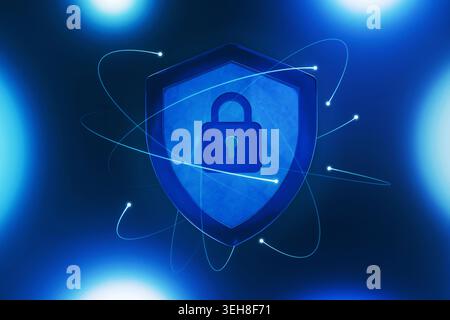 vibrant blue cybersecurity shield featuring a padlock, surrounded by bright digital data orbits and soft neon flare effects on a dark backdrop. Concep Stock Photo