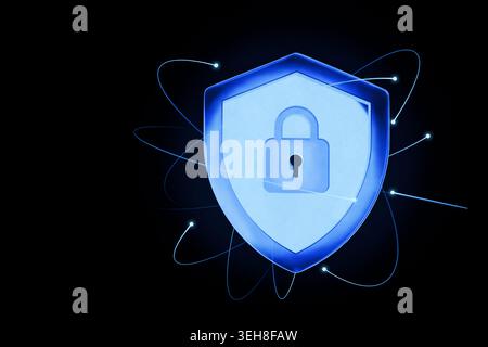Glow blue cybersecurity shield with a central padlock icon, floating in a dark, data-driven space. Thin blue network lines and data points orbit the s Stock Photo