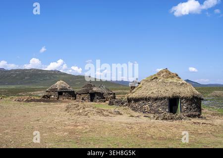 Stone huts with thatched roofs, a man working on a roof in a natural environment, Kingdom of Lesotho, Lesotho Stock Photo