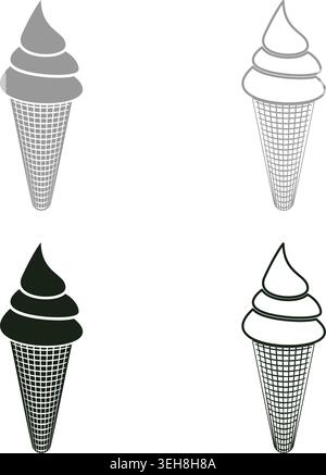 Ice cream in waffle cone cup Sweet dessert set icon grey black color vector illustration image simple solid fill outline contour line thin flat style Stock Vector