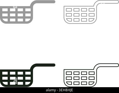 Mesh basket for deep fryer with handle and french frie kitchen appliance for fast food concept roast product in hot oil Air fryer set icon grey black Stock Vector
