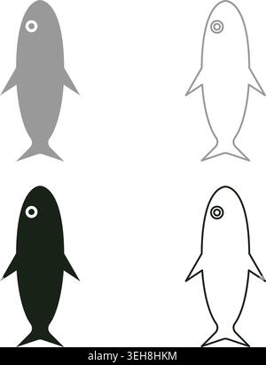 Fish silhouette set icon grey black color vector illustration image simple solid fill outline contour line thin flat style Stock Vector