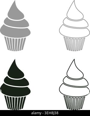 Cupcake Pastry with cream set icon grey black color vector illustration image simple solid fill outline contour line thin flat style Stock Vector