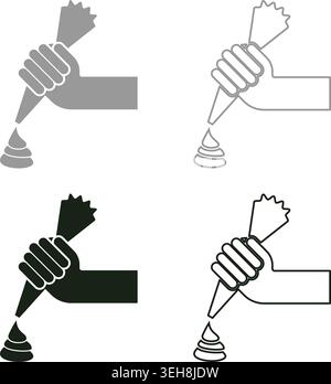 Pastry bag in hand for extraction cream squeeze icing set icon grey black color vector illustration image simple solid fill outline contour line thin Stock Vector