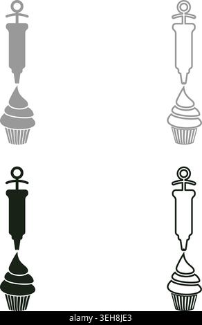 Confectionery syringe icing pastry cupcake pastry with cream set icon grey black color vector illustration image simple solid fill outline contour Stock Vector