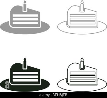 Piece of cake slice with candle set icon grey black color vector illustration image simple solid fill outline contour line thin flat style Stock Vector