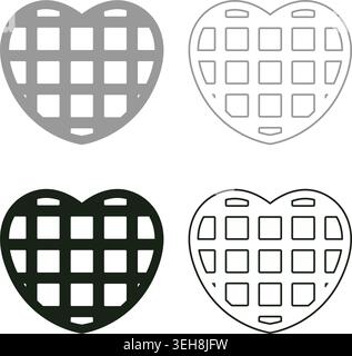 Belgian waffle Dessert template shape heart set icon grey black color vector illustration image simple solid fill outline contour line thin flat style Stock Vector