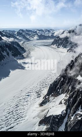 Ruth Glacier, epic mountains with large valley glacier, aerial view, Alaska Range, Denali National Park, Alaska, USA Stock Photo