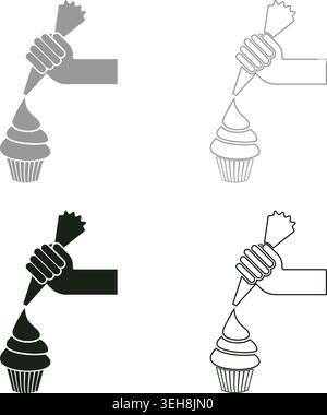 Confectionery syringe icing pastry cupcake pastry with cream set icon grey black color vector illustration image simple solid fill outline contour Stock Vector