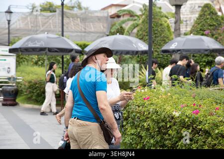BANGKOK, THAILAND-MAY 16, 2026: Senior couple using smartphone together, smartphone usage behavior during travel experience, side profile Stock Photo