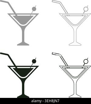 Martini cocktail with straw and olive garnished in glass alcoholic concept leisure set icon grey black color vector illustration image simple solid Stock Vector