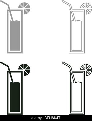 Cocktail with straw and limon in glass alcoholic beverage concept leisure lime drink Mocktail set icon grey black color vector illustration image Stock Vector