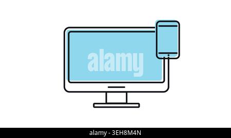 Desktop computer with smartphone icon: PC workstation and mobile phone representing responsive design, modern black line art with offset color fill ve Stock Vector