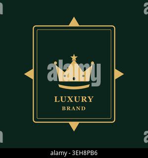 A luxurious golden crown with a star on top, framed by elegant golden borders, set against a dark green background, signifying a high-end brand. Stock Vector