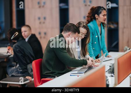 Business team collaborating on laptop and documents in modern open office workspace Stock Photo