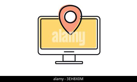 Desktop computer with location pin icon: PC workstation displaying GPS map pointer on screen, modern black line art with offset color fill vector. Stock Vector