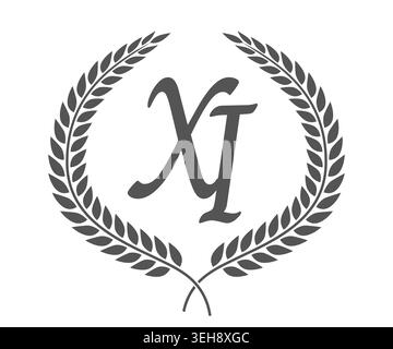 Initial letter X and I, XI monogram logo design with laurel wreath. Luxury emblem with calligraphy font. Stock Vector