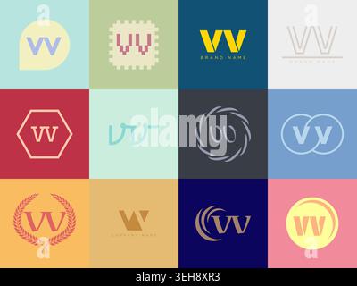 VV logo company template. Letter v and v logotype. Set different classic serif lettering and modern bold text with design elements. Initial font typog Stock Vector