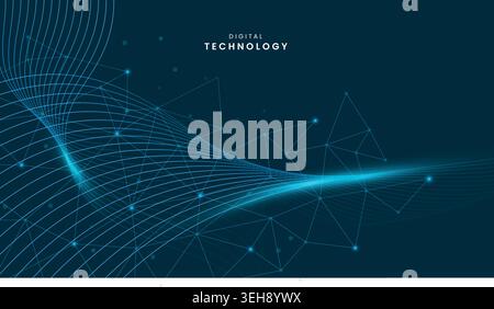 Abstract blue technology background with glowing wave lines futuristic digital network design style Stock Vector