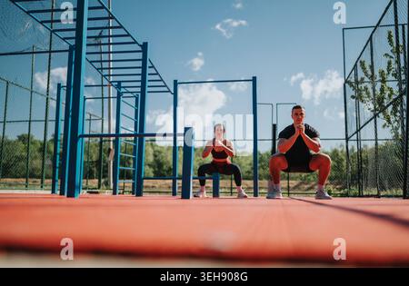 Outdoor fitness couple doing squats at a calisthenics park during a sunny training session Stock Photo