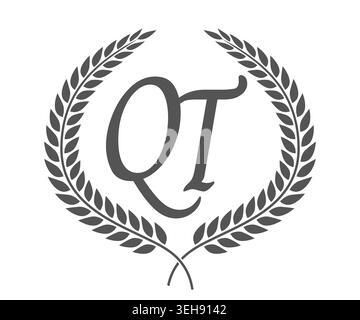 Initial letter Q and T, QT monogram logo design with laurel wreath. Luxury emblem with calligraphy font. Stock Vector