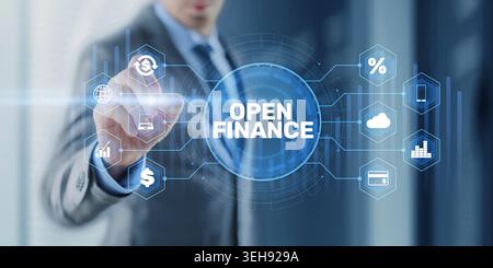 Open Finance Modern Financial Platform with Integrated Digital Systems Interface Businessman Touching Virtual Dashboard Screen Fintech Technology Conc Stock Photo