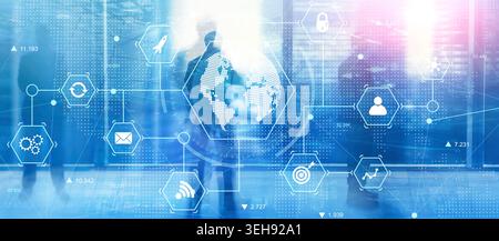 Global Digital Business Network with Secure Data Exchange and Analytics Systems. Stock Photo