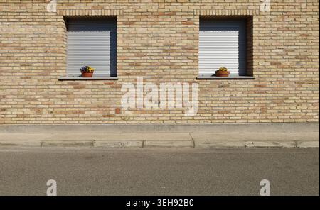 Brick wall facade with two closed gray shutter and flowerpots. Concrete sidewalk and street in front. Background for copy space. Stock Photo