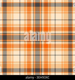 Vibrant orange and charcoal gray pixelated plaid pattern. This seamless geometric design is perfect for seasonal fall textiles, rustic backgrounds, an Stock Vector