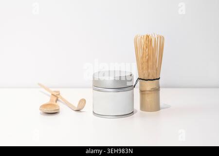 A pot of tea with wooden utensils for preparing it. Stock Photo