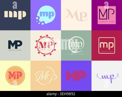 MP logo company template. Letter m and p logotype. Set different classic serif lettering and modern bold text with design elements. Initial font typog Stock Vector