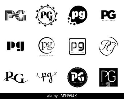 PG logo company template. Letter p and g logotype. Set different classic serif lettering and modern bold text with design elements. Initial font typog Stock Vector