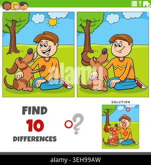 Cartoon illustration of finding the differences between pictures educational puzzle game with boy and his puppy Stock Vector